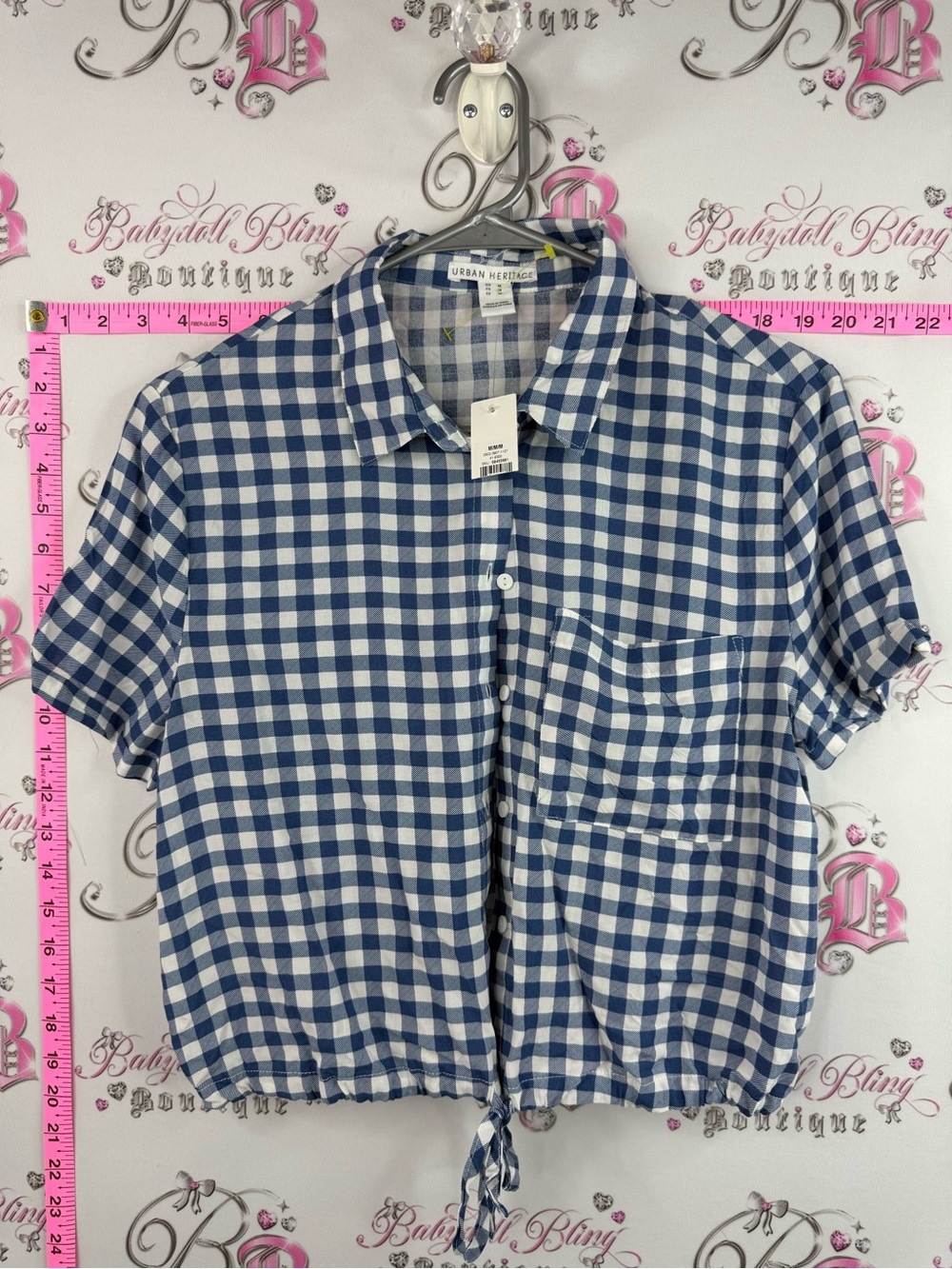 Urban Heritage tshirt button up Blue & White Gingham Tie-Hem Button Shirt